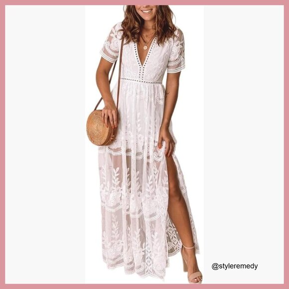 Dresses & Skirts - Lace Romper Dress with V-Neck and Sheer Back